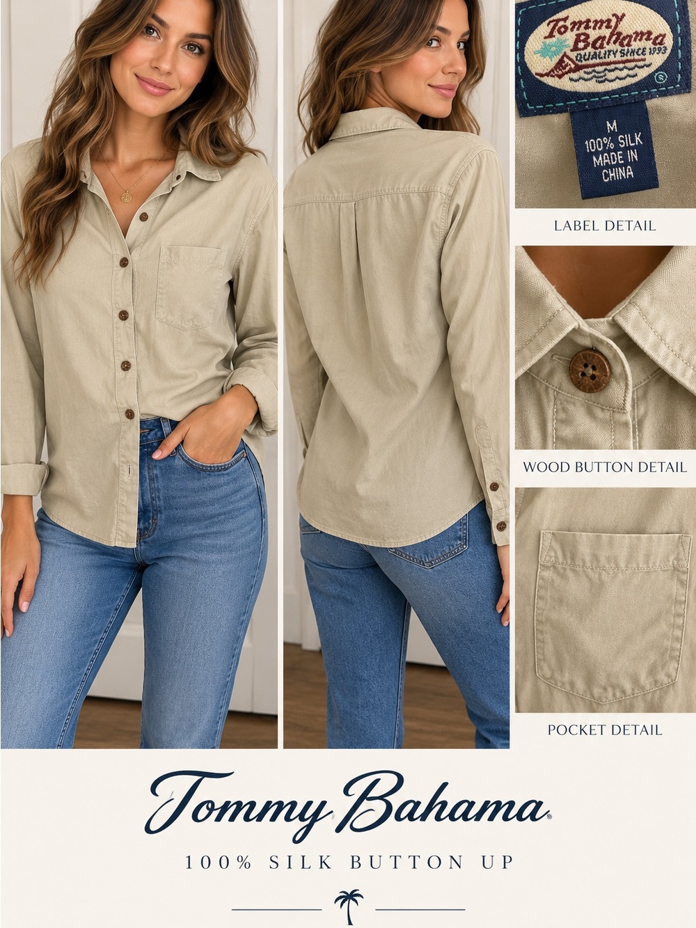 Tommy Bahama Women's Silk Button-Down Shirt in Light Beige
